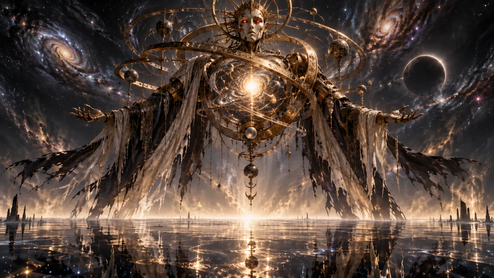 Ariel the Endless Meridian, a faceless god in a cracked gold porcelain mask with brass armillary rings and a blazing star at its core, floating above a mirror ocean of starlight