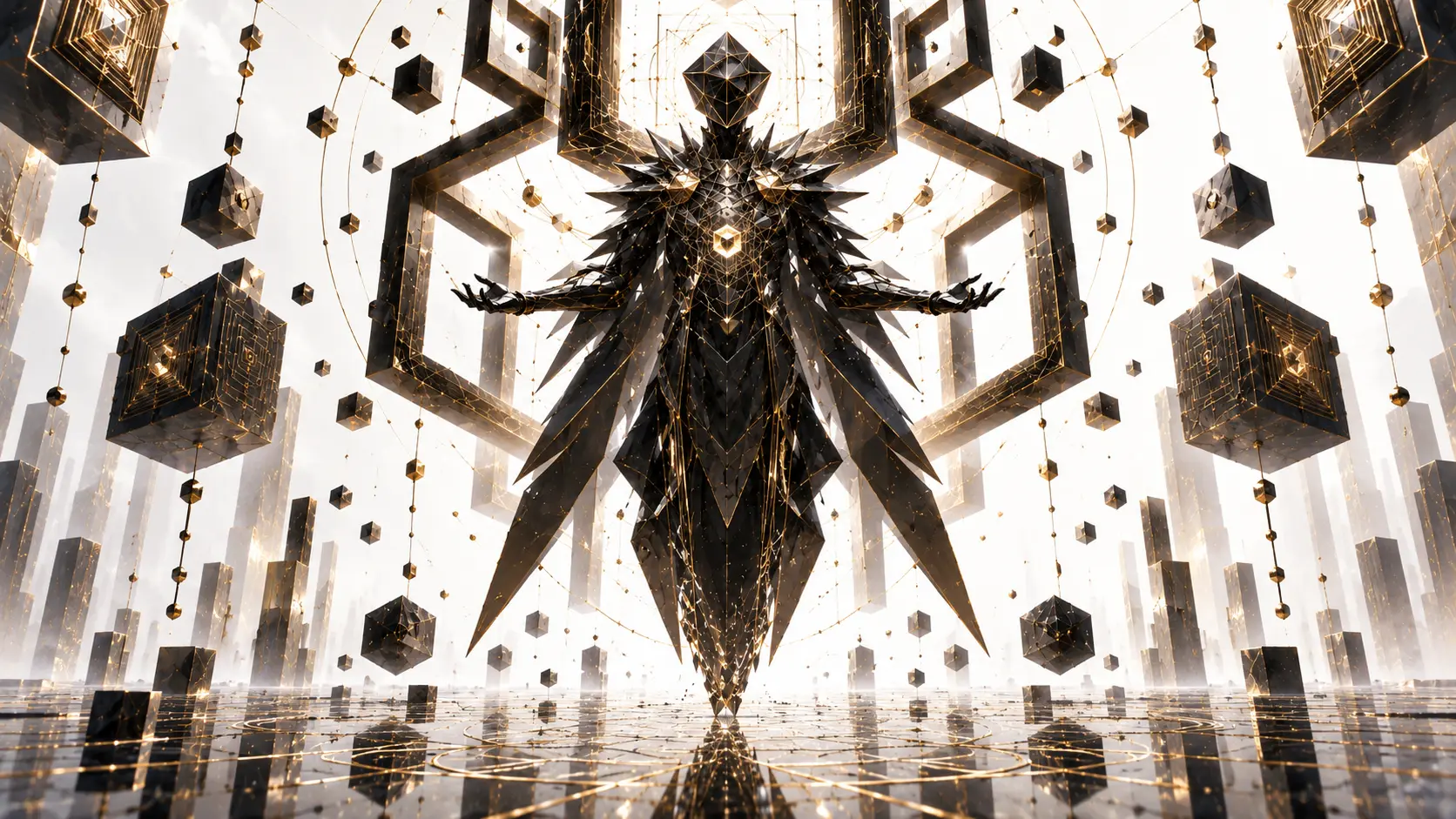 Ophion the Zero-Entropy Matrix, a faceless figure of black crystal shards with a golden core, surrounded by floating black and gold cubes in a white void above a mirror floor