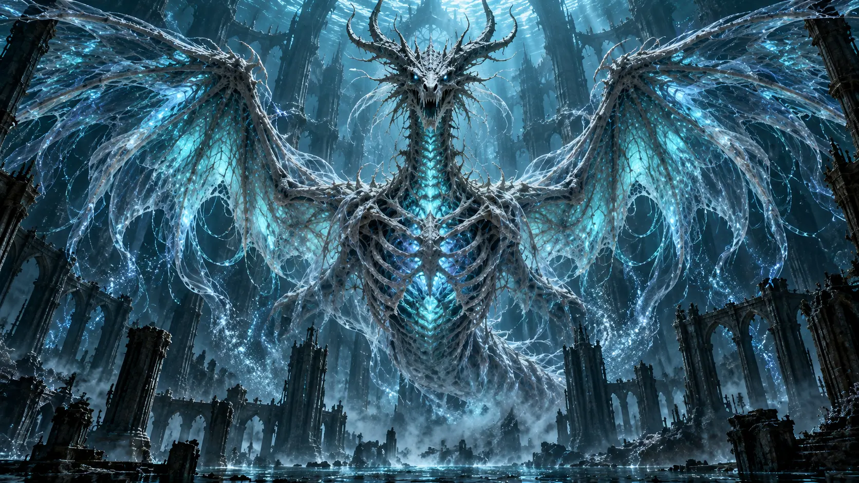 Sigma the Abyssal Marrow Wyrm, a skeletal dragon with translucent cyan wings of glowing nerve fibres, rising inside a sunken gothic citadel