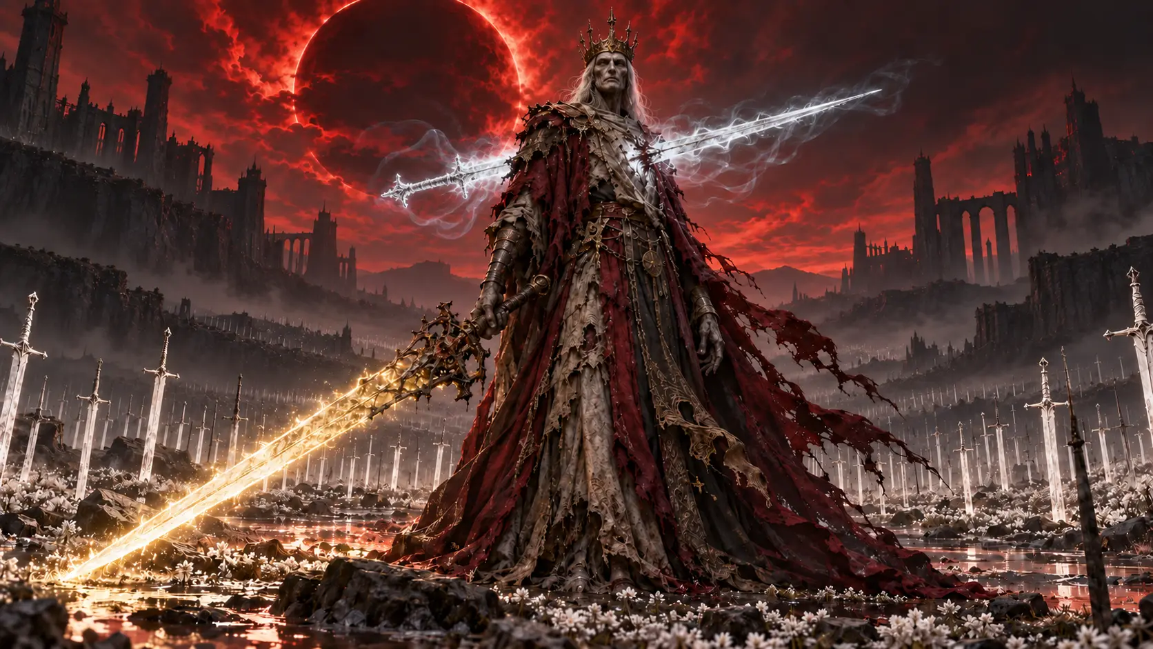 Valdes the Pierced Sovereign, a withered king in a crimson cloak with a spectral sword through his chest, holding a rusted greatsword of golden light in a field of white swords under a red eclipse